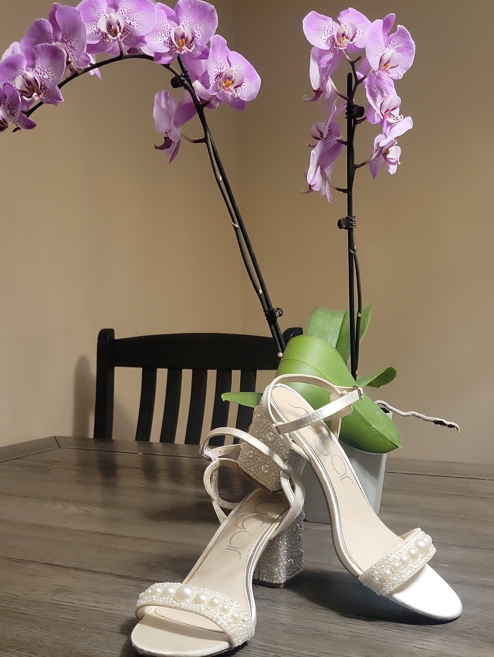 Sugar Pearl-Embellished Ivory Block Heel Sandals